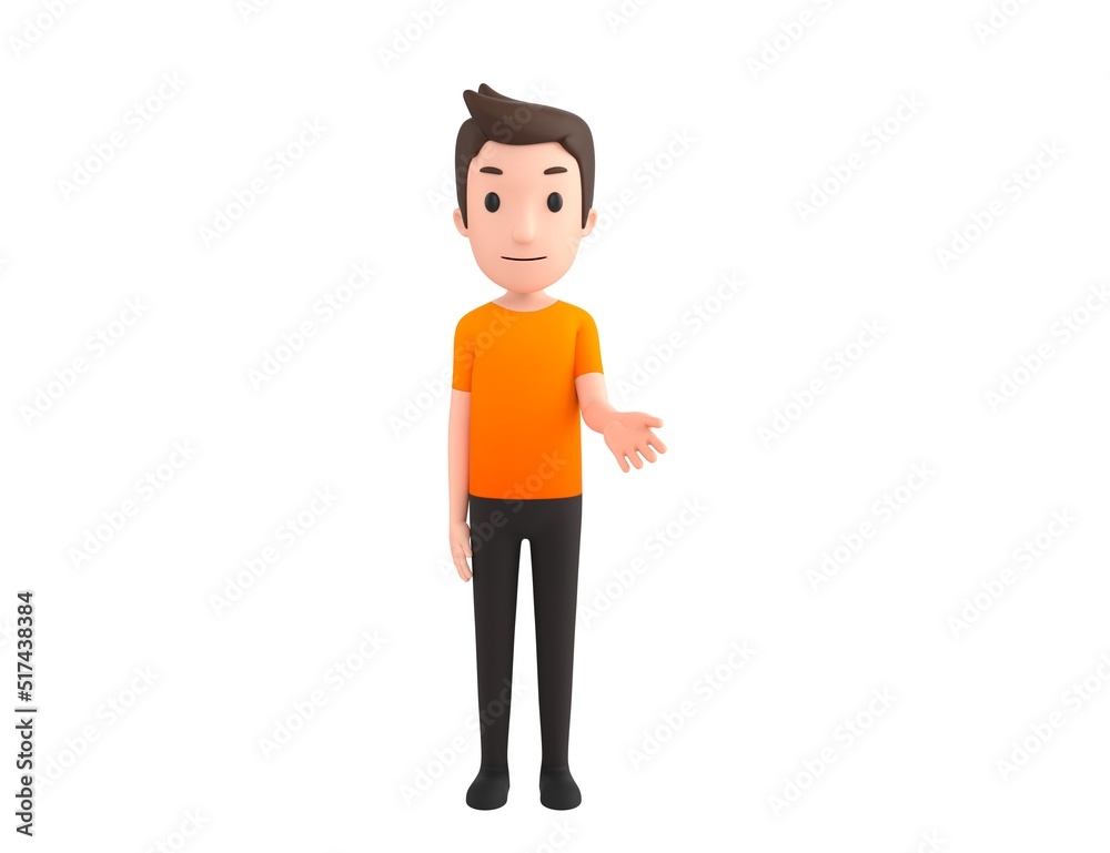 Man wearing Orange T-Shirt character giving his hand in 3d rendering. Man wearing Orange T-Shirt character giving his hand in 3d rendering.