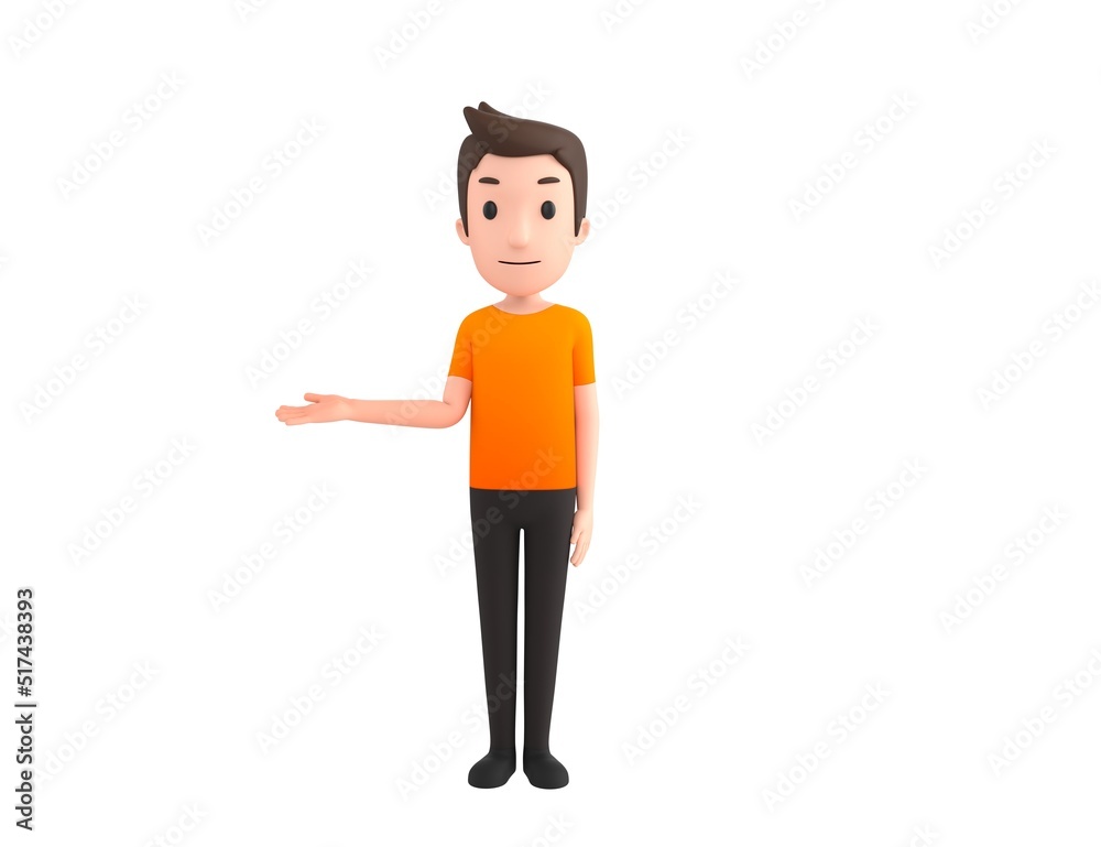 Man wearing Orange T-Shirt character looking to camera and pointing hand to the side in 3d rendering. Man wearing Orange T-Shirt character looking to camera and pointing hand to the side in 3d rendering.