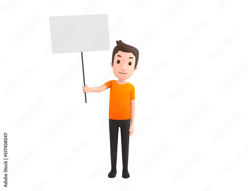 Man wearing Orange T-Shirt character holding blank banner in 3d rendering. Man wearing Orange T-Shirt character holding blank banner in 3d rendering.