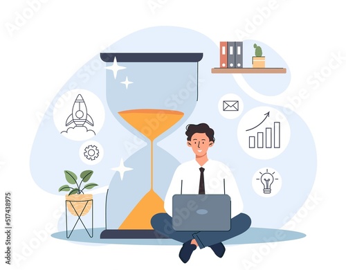 Work time concept. Man at laptop working on project. Metaphor for optimal schedule and efficient workflow. Freelancer or remote worker, business process, productivity. Cartoon flat vector illustration
