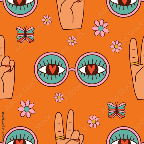 Groovy trippy seamless pattern with sunglasses and peace. 1970 style. Vector illustration