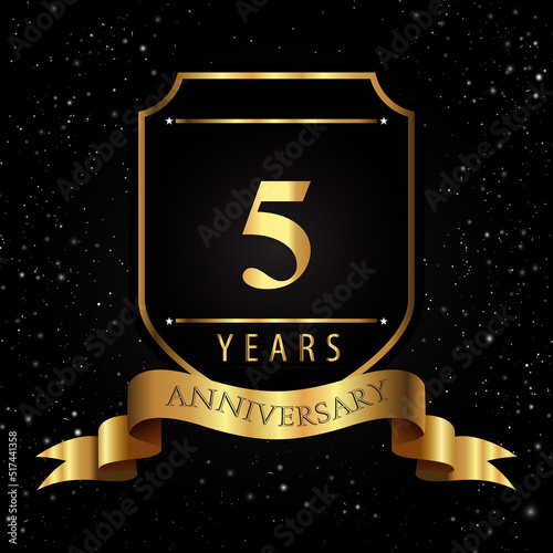 5 Years Golden Anniversary Logo with Golden Shield and Ribbon Isolated on Black Background. Premium design for event party, birthday party, greetings card, invitation, graduation, weddings.