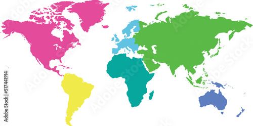 The world map is divided into six continents in different colors. Each continent in a different color. Colorful map of the world of 6 isolated continents.