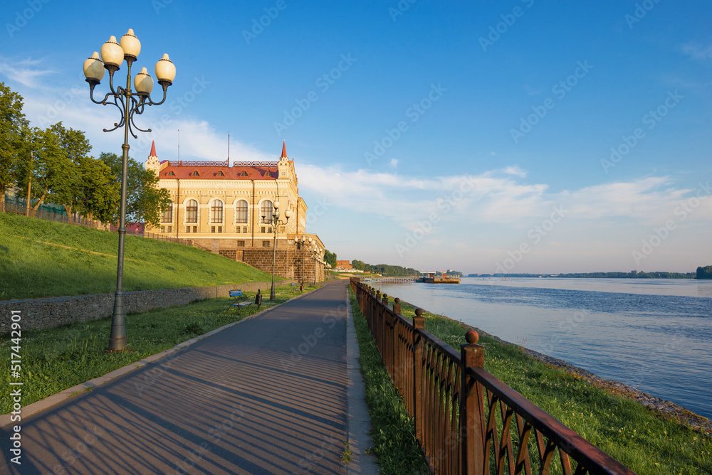 Sunny July morning on the Volga embankment. Rybinsk, Russia