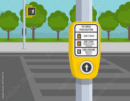 Pedestrian safety tips and traffic regulation rules. Pedestrian walk traffic light switch, street crossing instructions and crosswalk. Flat vector illustration template.