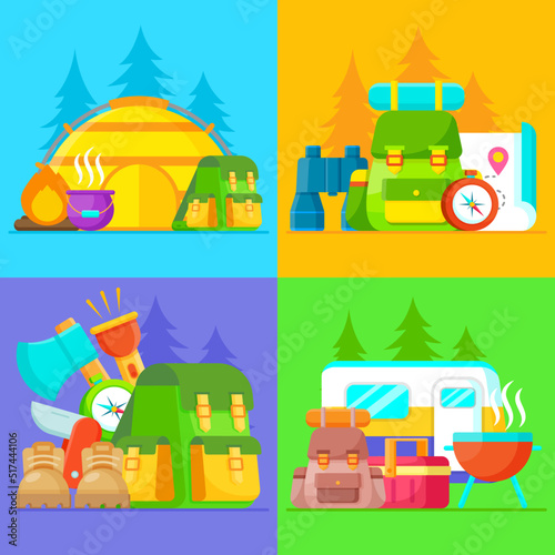 Summer camp poster. Summer travel and activities banner. Vector illustration