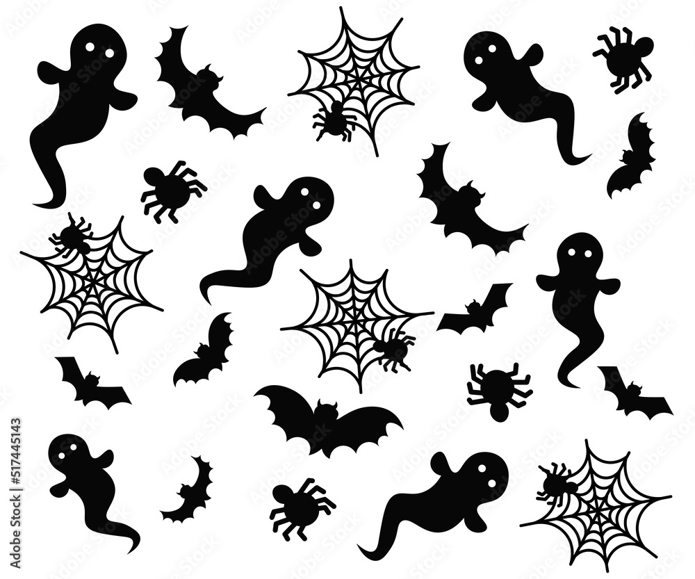 monochrome background halloween ghost bat spider with web