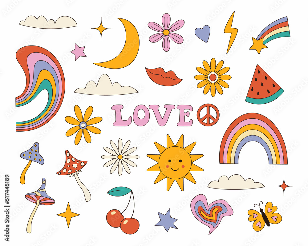 Hippy retro stickers. Cartoon psychedelic vintage clipart. Flower and mushroom. the style of the 70s. A symbol of peace. Rainbow and watermelon. The sun, moon and stars.