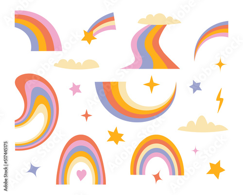A set of hipster retro cool rainbow elements. A collection of clockwork cliparts, in the style of the 70s. Abstract design of cartoon stickers. Trending vector illustration.