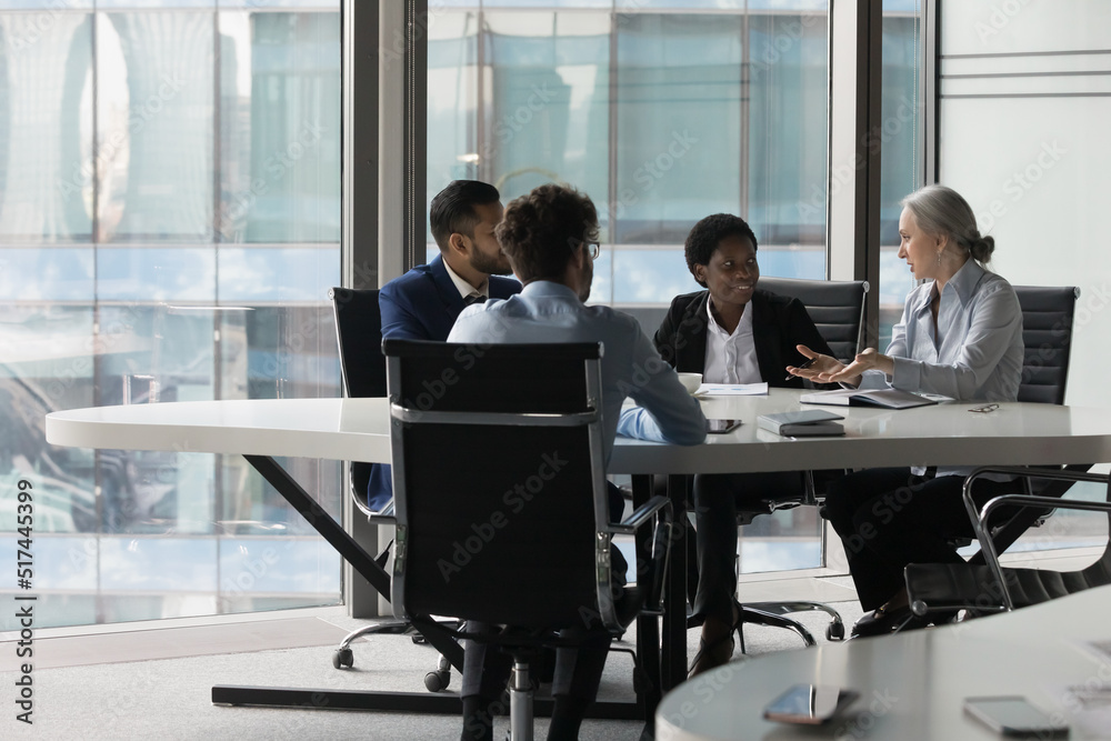 Mature business teacher, mentor training diverse team of interns, talking to group of students at meeting table in modern office space. Millennial business colleagues discussing at glass wall window