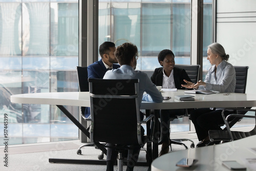 Mature business teacher, mentor training diverse team of interns, talking to group of students at meeting table in modern office space. Millennial business colleagues discussing at glass wall window