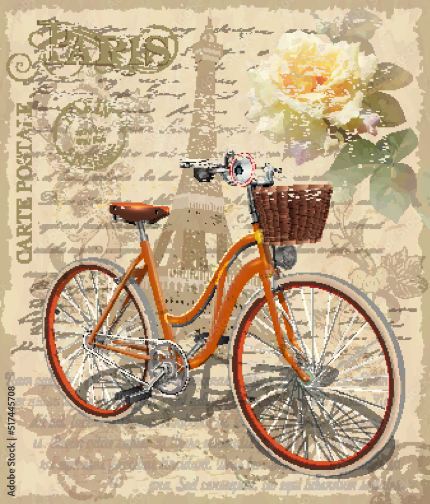 Paris vintage background with roses, Eiffel Tower and bicycle.