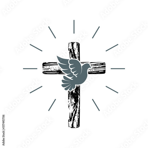 Dove and Old christian wooden cross icon isolated on white background
