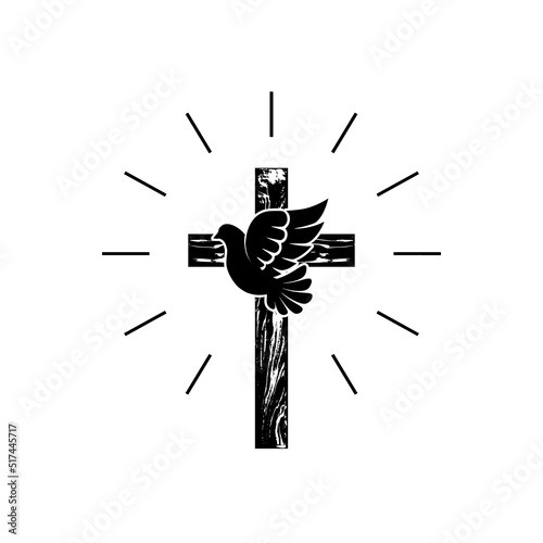 Dove and Old christian wooden cross icon isolated on white background