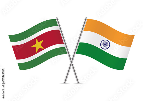 Suriname and India crossed flags. Surinamese and Indian flags on white background. Vector icon set. Vector illustration. photo