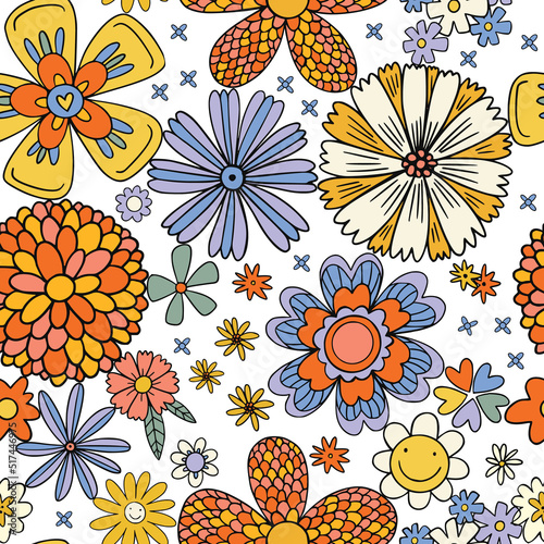 Seamless 70's retro hippie flowers pattern - Vintage groovy all over floral daisy print. Coloring seamless flower pattern retro style.