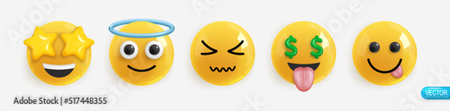 Emotion Realistic 3d Render. Set Icon Smile Emoji. Vector yellow glossy emoticons.