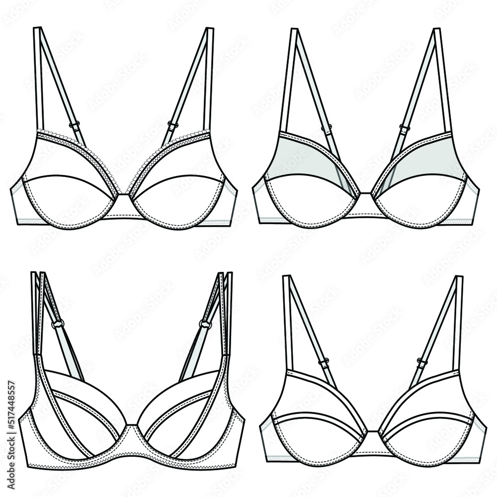 Full Cup Bra, Minimizer Bra, Plunge Bra, Sets of Bra Fashion Illustration,  Vector, CAD, Technical Drawing, Flat drawing, Template, Mockup. Stock  Vector
