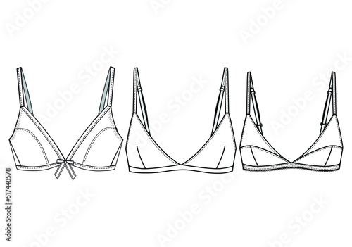 Sets of Bra, Triangle bra, Bralette bra Fashion Illustration, Vector, CAD, Technical Drawing, Flat drawing.	