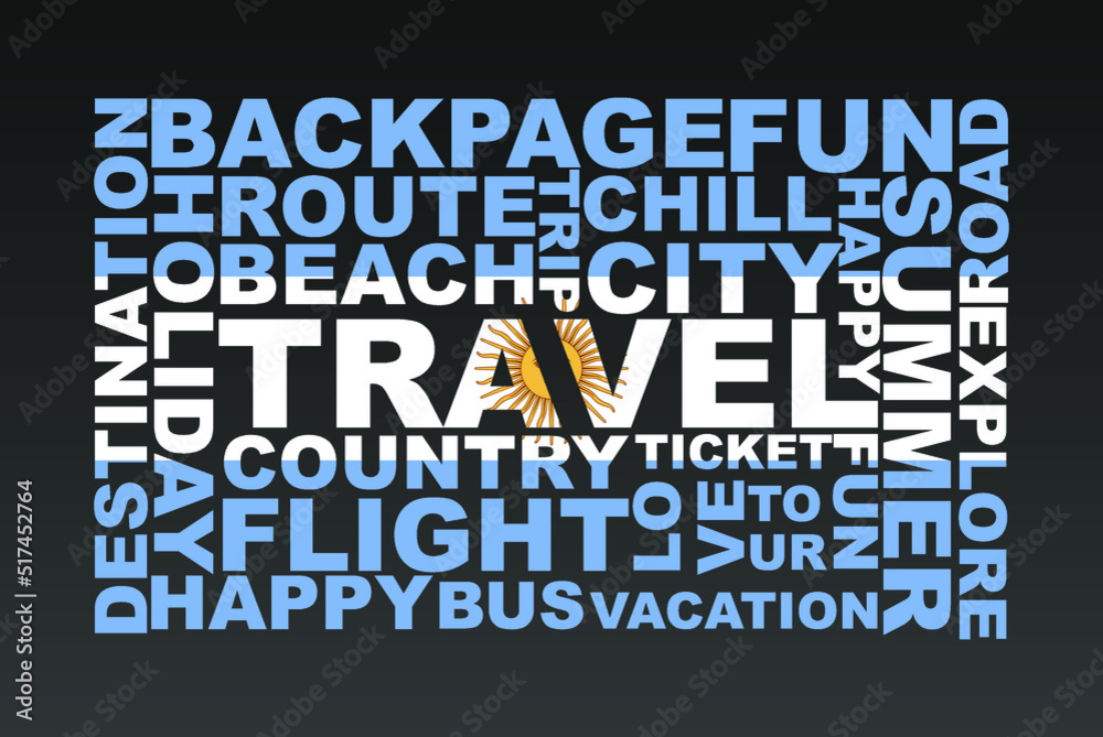 Argentina flag shape of travel keywords, travel concept, abroad vacation idea, simple flat design, Argentina flag mask on holiday words, tourism banner