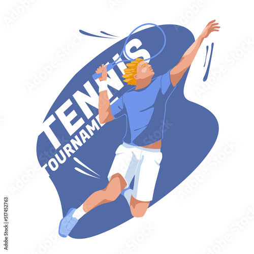tennis player jumping to make a pass on an abstract splash background. Sports character. Vector flat illustration