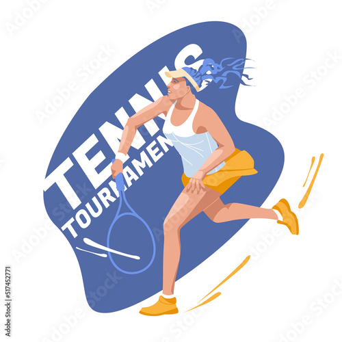 A young woman tennis player jumping to make a pass on an abstract splash background. Sports character. Vector flat illustration