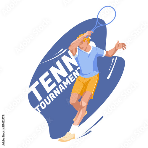 tennis player jumping to make a pass on an abstract splash background. Sports character. Vector flat illustration