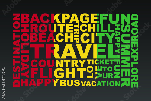 Guinea flag shape of travel keywords, travel concept, abroad vacation idea, simple flat design, Guinea flag mask on holiday words, tourism banner