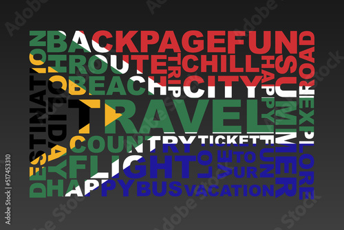 South Africa flag shape of travel keywords, travel concept, abroad vacation idea, simple flat design, South Africa flag mask on holiday words, tourism banner
