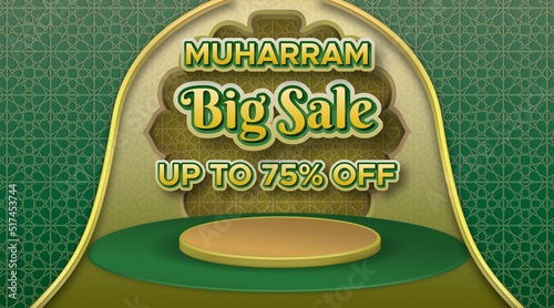 3d podium display product for Muharram big sale in soft green arabic pattern background