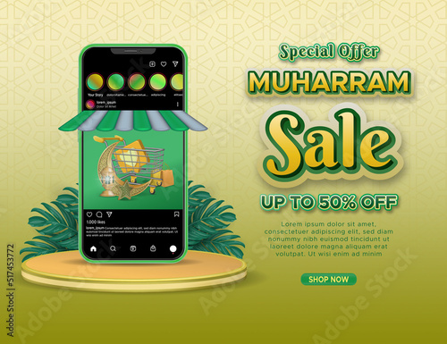 Muharram sale poster or banner template with realistic smartphone and 3d podium display
