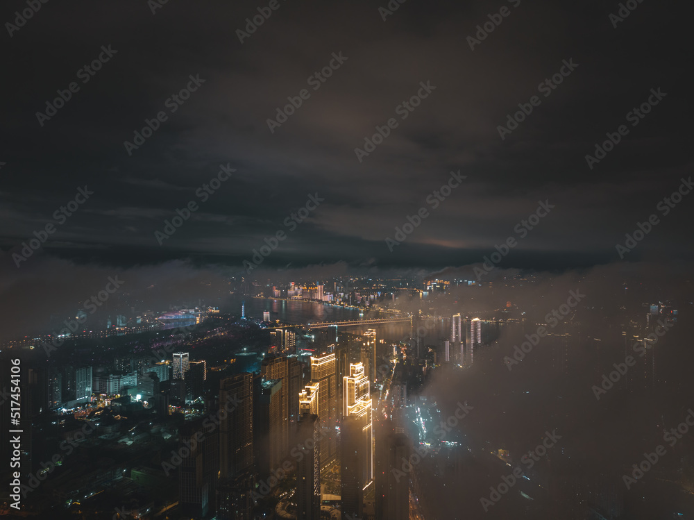 Fototapeta premium Hubei Wuhan Summer Urban Night Skyline Aerial photography scenery