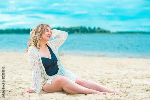 Plus size American woman at beach, enjoy the life. Life of people xxl size, happy nice natural beauty woman