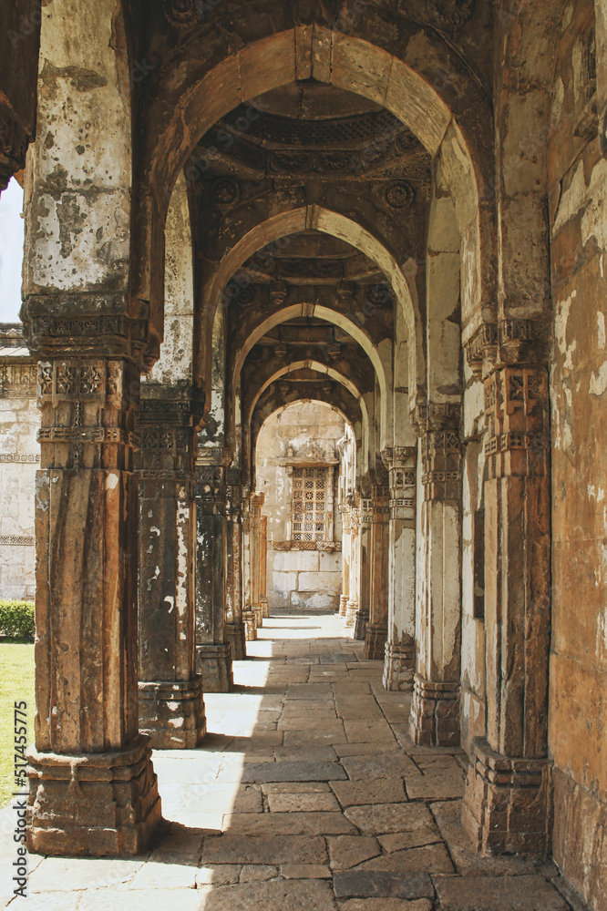 A pillared corridor going around the Jama Masjid, Champaner.