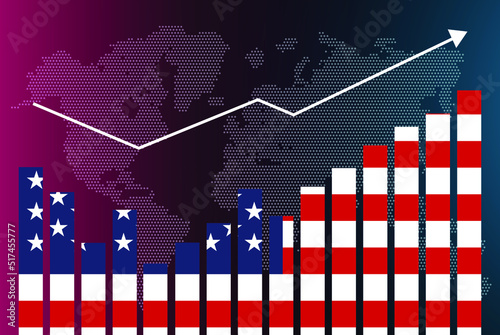 USA bar chart graph with ups and downs, increasing values, USA country flag on bar graph, upward rising arrow on data, news banner idea, developing country concept