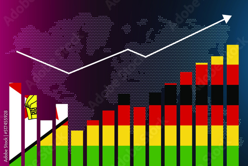 Zimbabwe bar chart graph with ups and downs, increasing values, Zimbabwe country flag on bar graph, upward rising arrow on data, news banner idea, developing country concept