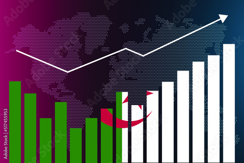Algeria bar chart graph with ups and downs, increasing values, Algeria country flag on bar graph, upward rising arrow on data, news banner idea, developing country concept
