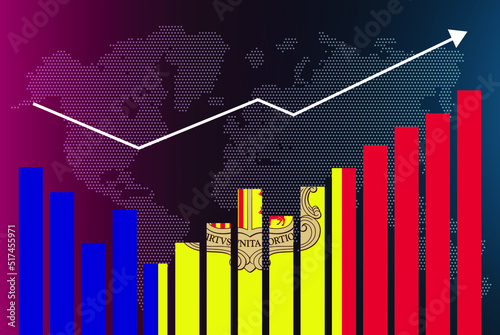 Andorra bar chart graph with ups and downs, increasing values, Andorra country flag on bar graph, upward rising arrow on data, news banner idea, developing country concept
