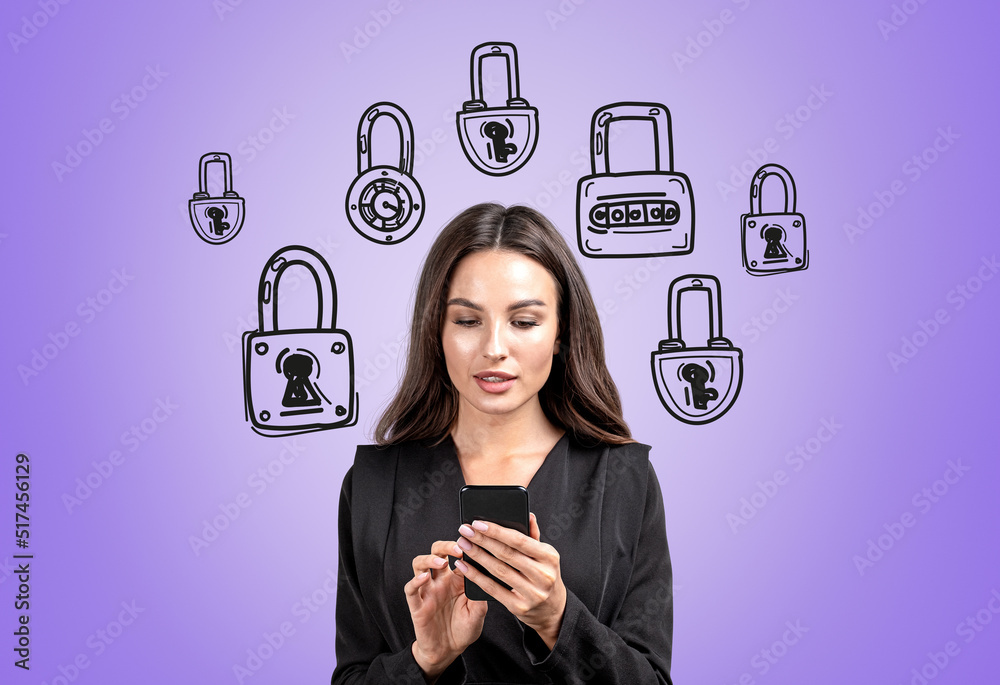 Businesswoman working with phone, padlock sketch on violet background Businesswoman working with phone, padlock sketch on violet background