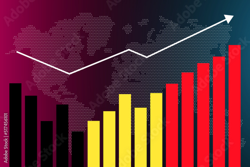 Belgium bar chart graph with ups and downs, increasing values, Belgium country flag on bar graph, upward rising arrow on data, news banner idea, developing country concept