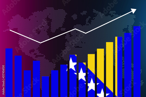 Bosnia bar chart graph with ups and downs, increasing values, Bosnia country flag on bar graph, upward rising arrow on data, news banner idea, developing country concept