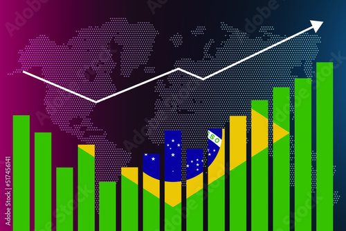 Brazil bar chart graph with ups and downs, increasing values, Brazil country flag on bar graph, upward rising arrow on data, news banner idea, developing country concept