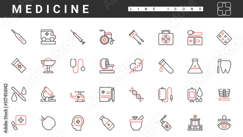 Medical equipment, pharmacy and emergency medkit thin red black line icons set vector illustration. Abstract prescription recipe for pills and drugs, capsules and syringe treatment, MRI, wheelchair