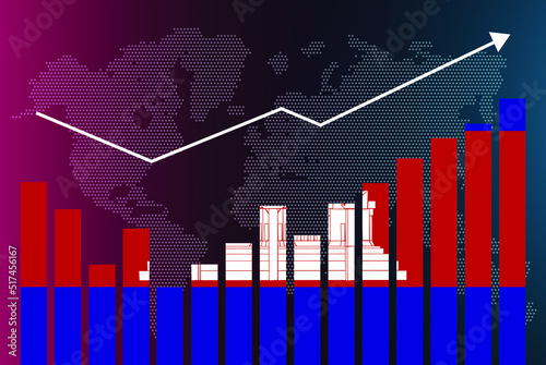 Cambodia bar chart graph with ups and downs, increasing values, Cambodia country flag on bar graph, upward rising arrow on data, news banner idea, developing country concept