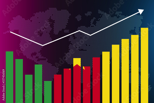 Cameroon bar chart graph with ups and downs, increasing values, Cameroon country flag on bar graph, upward rising arrow on data, news banner idea, developing country concept