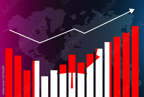 Canada bar chart graph with ups and downs, increasing values, Canada country flag on bar graph, upward rising arrow on data, news banner idea, developing country concept