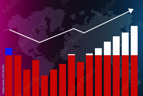 Chile bar chart graph with ups and downs, increasing values, Chile country flag on bar graph, upward rising arrow on data, news banner idea, developing country concept