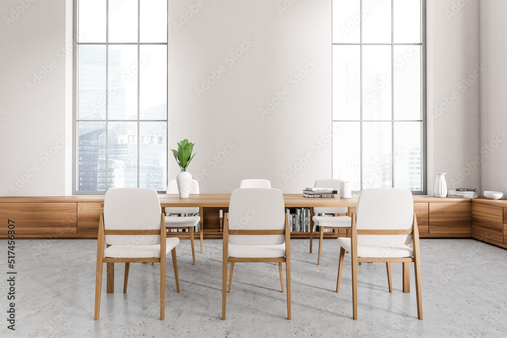Fototapeta premium Light eating room interior with table and shelf, panoramic window and mockup