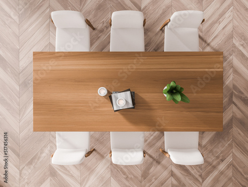 Foto Top view of light meeting room interior with eating table and chairs