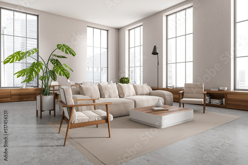 Light living room interior with chill and eating area, panoramic window © ImageFlow